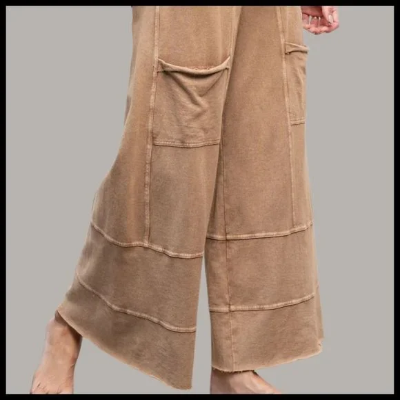 EASEL "Perfect Cargo" Terry Knit Mineral Washed Flared Leg Pants Raw Hem & Seams - Picture 5 of 15